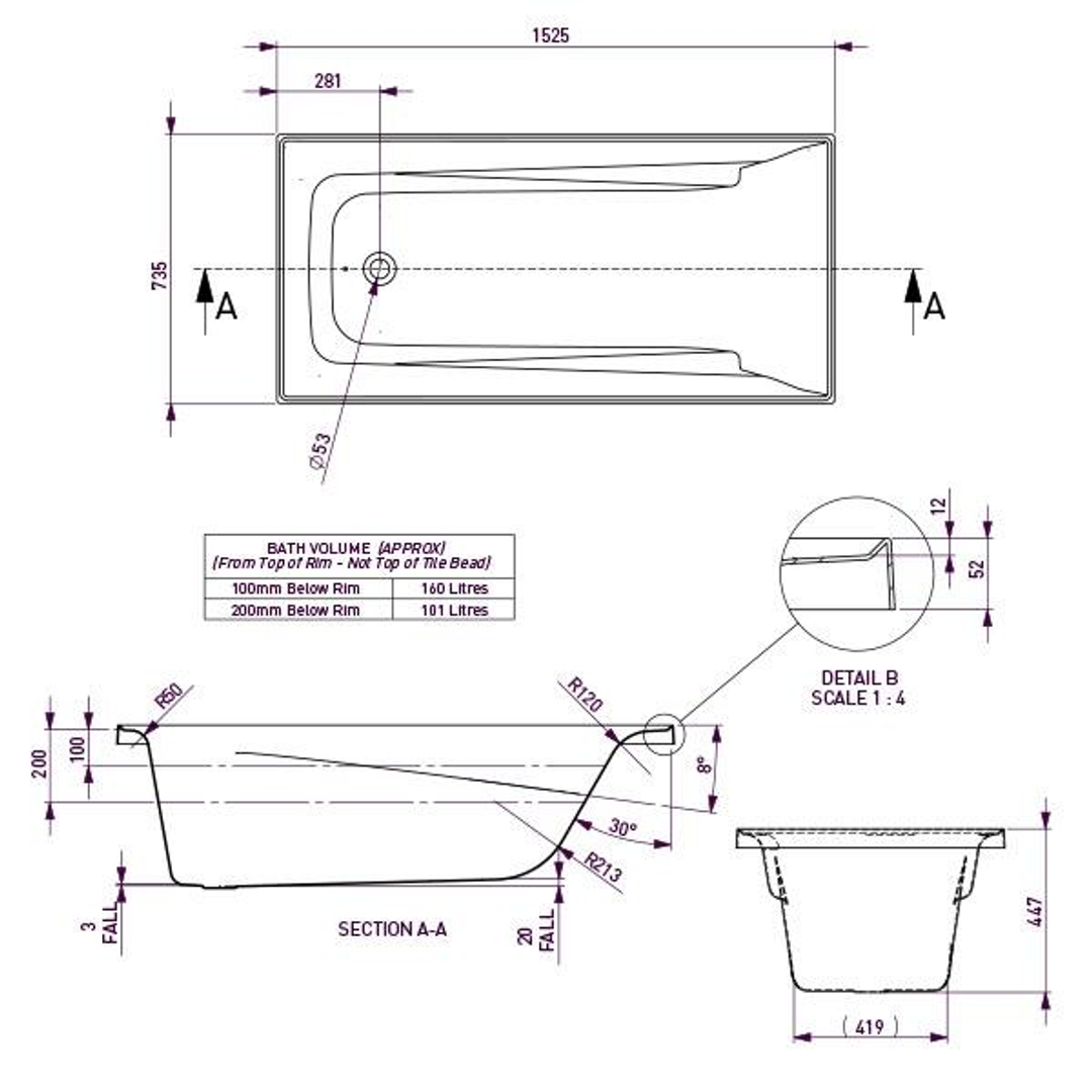 Novara Bath White 1665mm