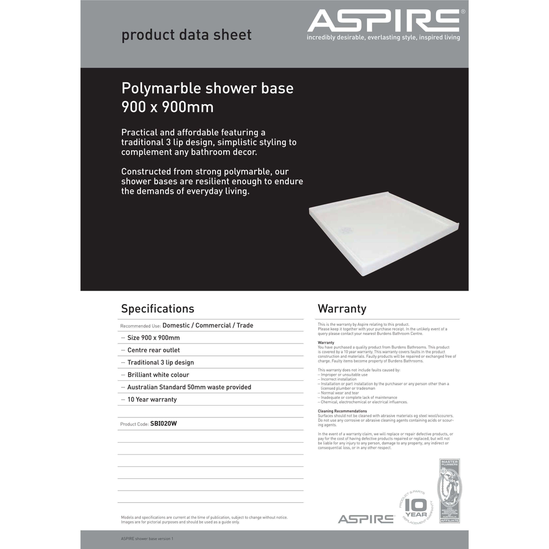 Aspire Shower Base 900 X 900 Poly Centre R/Outlet White