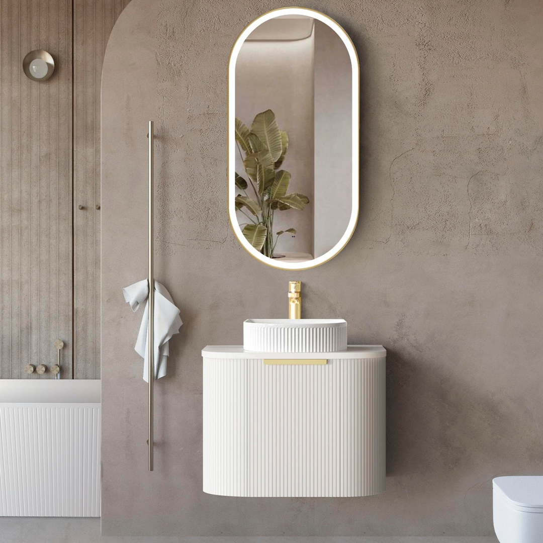 Otti Bondi 600X460X450 W/Hung Satin White Fluted Cabinet With Gold Handle 120Mm