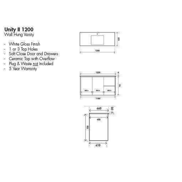Aspire Unity II 1200 Vanity 1 Tap Hole W/Hung C/W Sq Ceramic Top White