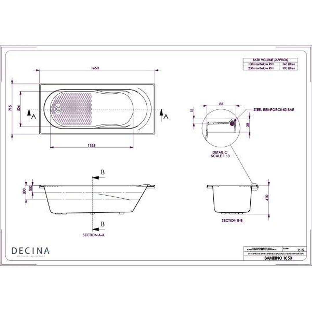 Decina Bambino Bath White 1650mm
