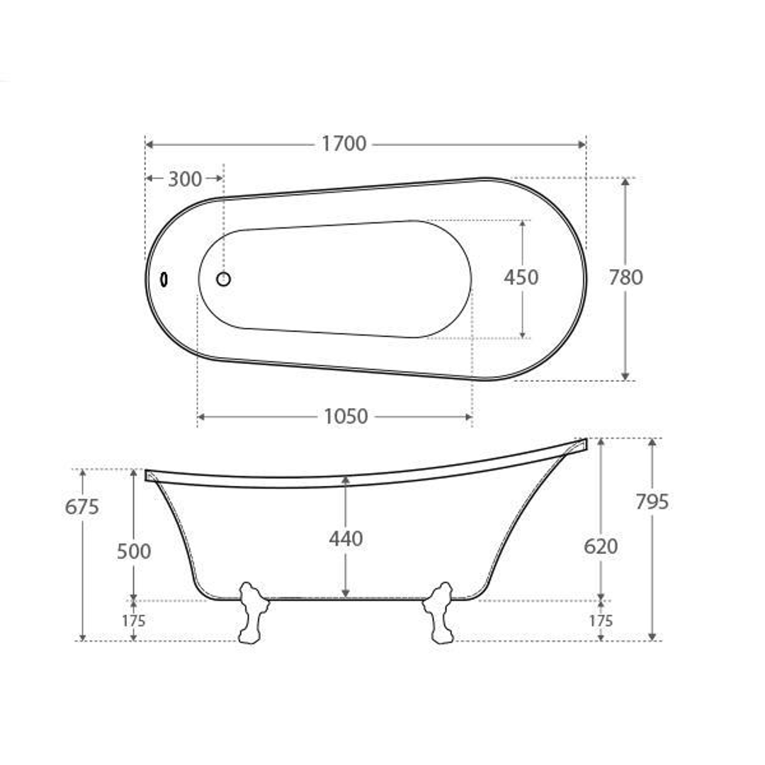 Fienza Claw Foot Bath Chrome Feet 1700mm