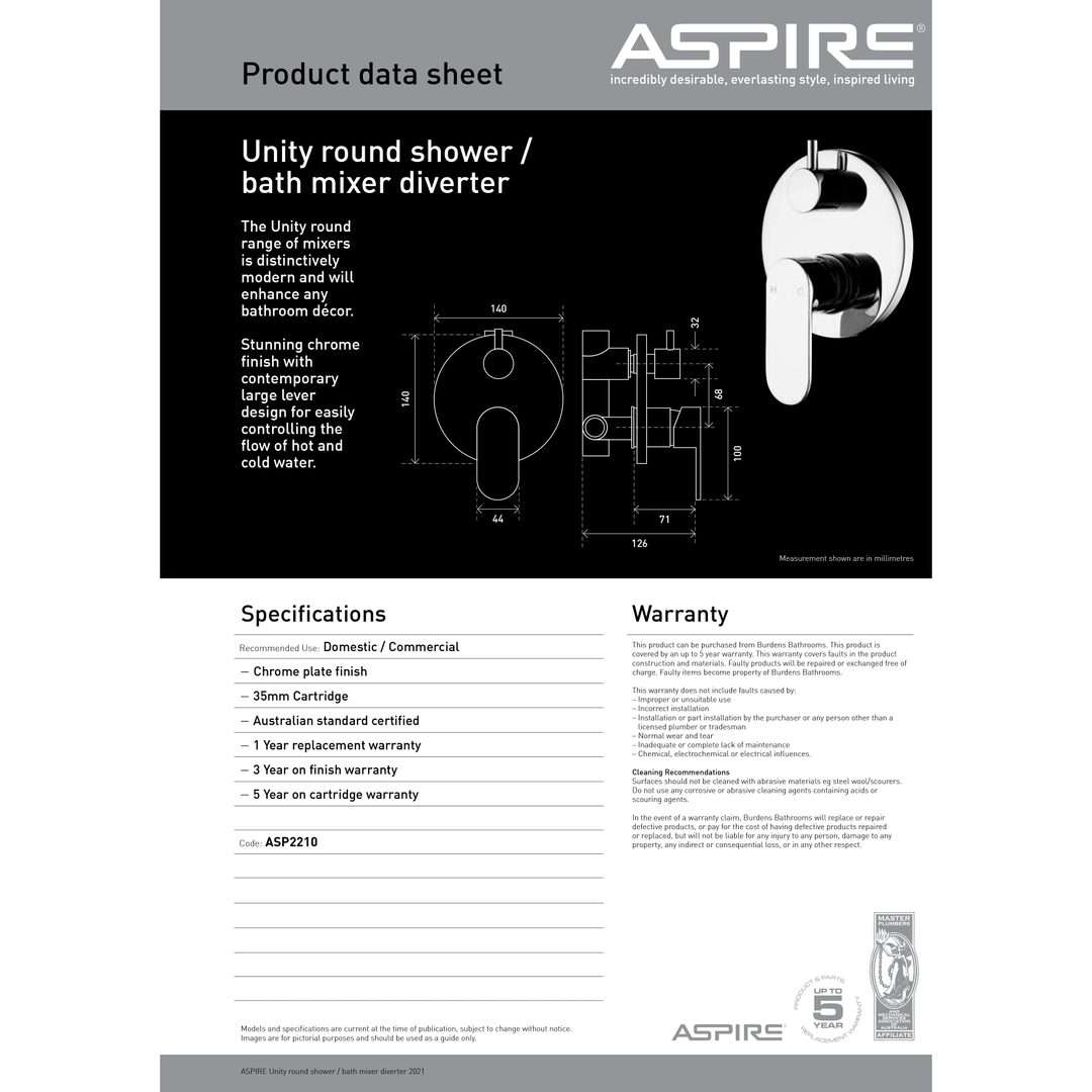 Aspire Unity **Round** Shower Mixer W/ Diverter Chrome