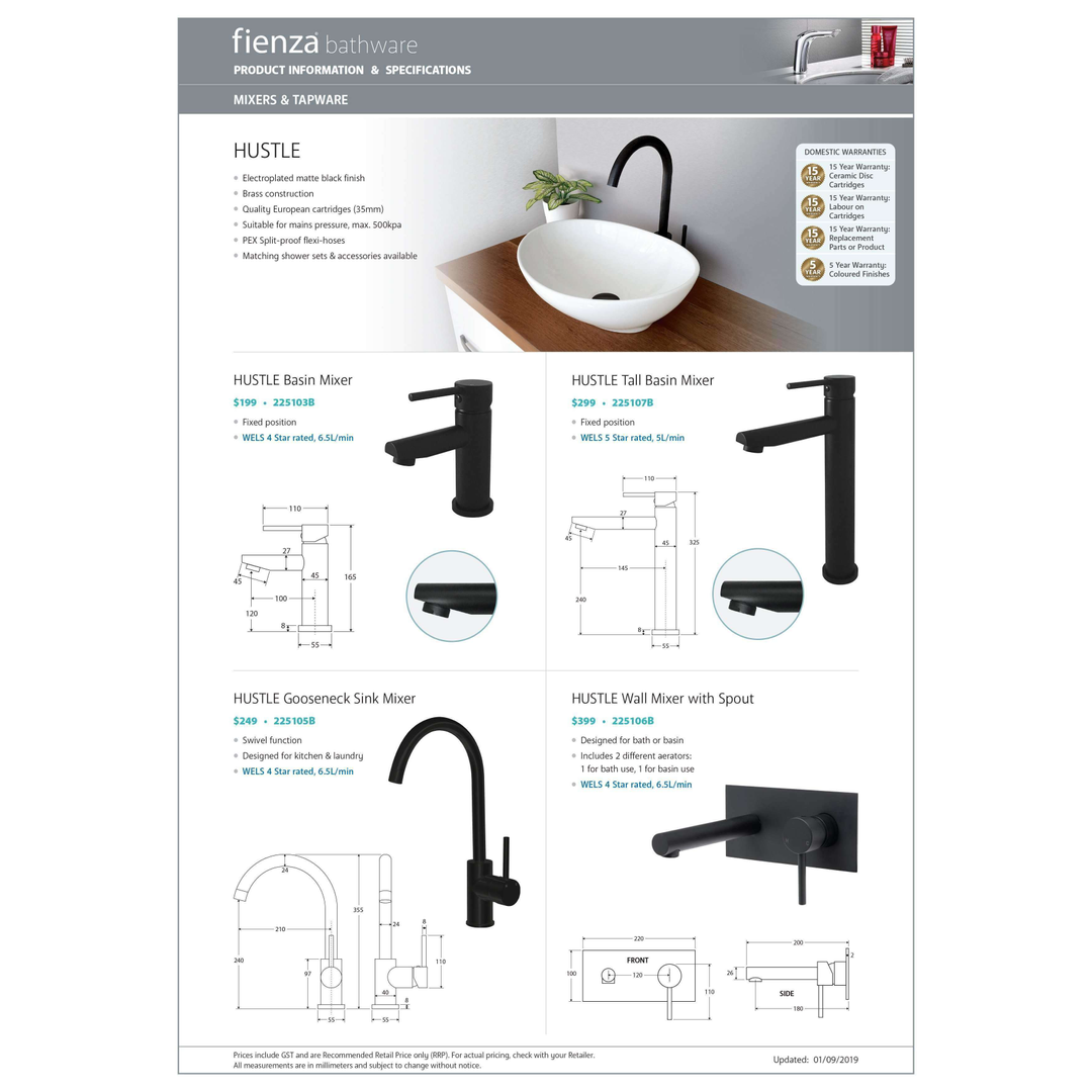 Fienza Hustle Short Basin Mixer 35mm Matte Black 225103B