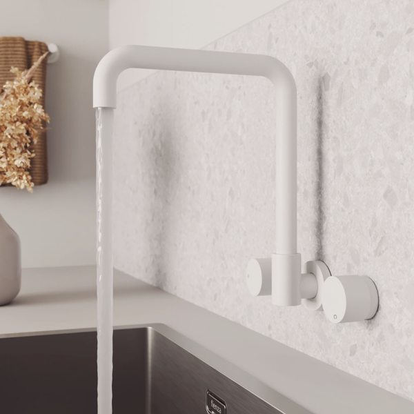 Fienza Kaya Matte White Round Taps Squareline Wall Outlet Set Sus304 And Lf Brass