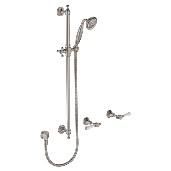 Fienza Lillian Lever Rail Shower Set Brushed Nickel With Ceramic White Handle
