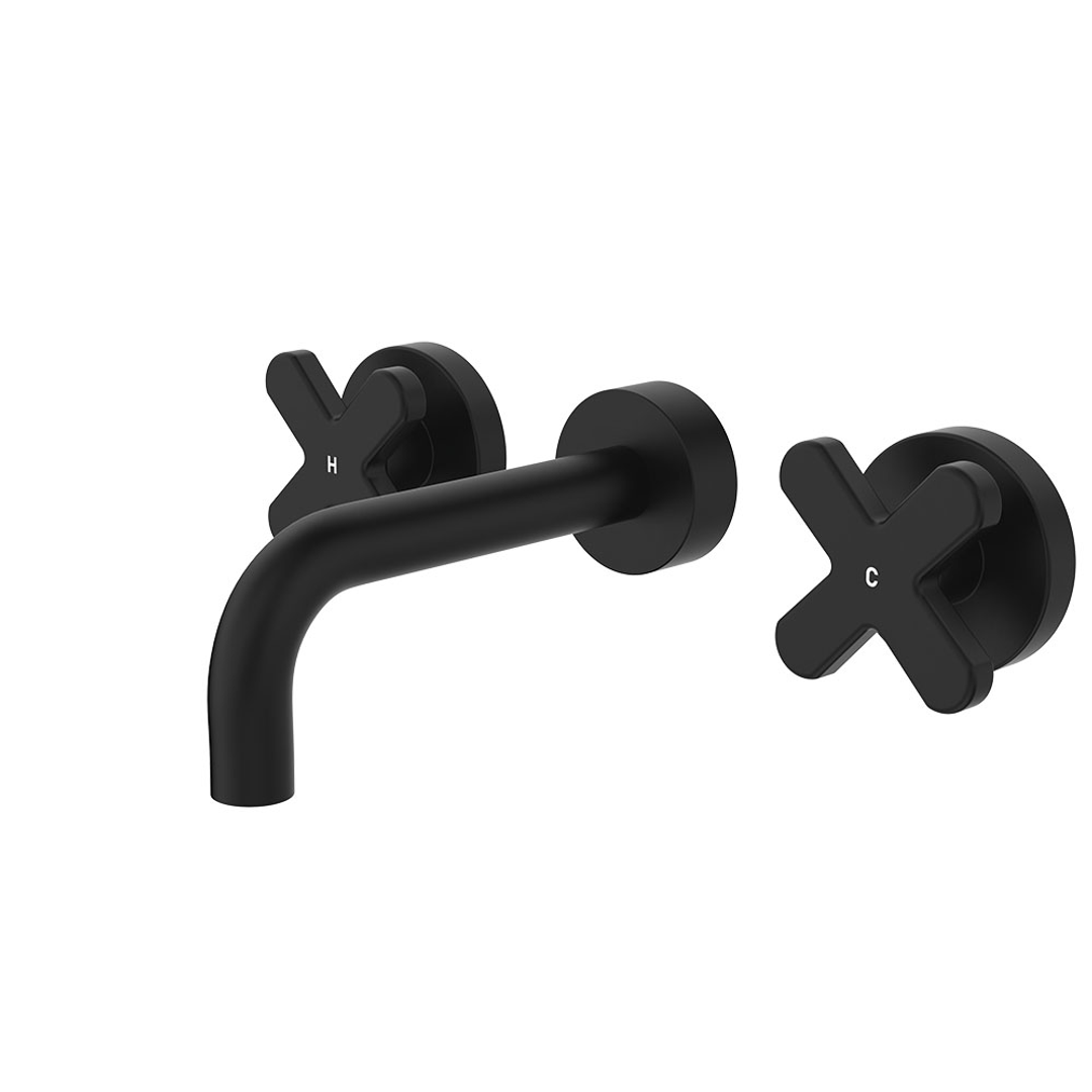 Fienza Kaya Matte Black Cross Taps Wall Basin /Bath 130Mm Outlet Set Lf