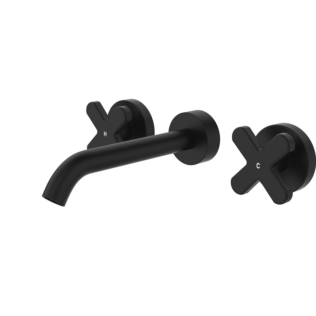 Fienza Kaya Matte Black Cross Taps Wall Basin /Bath 180Mm Outlet Set Lf