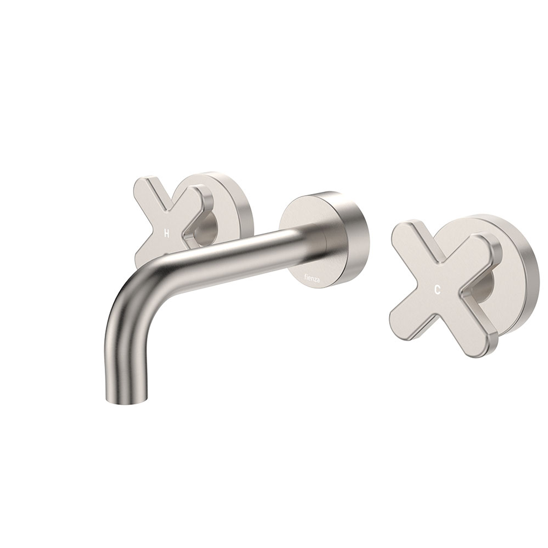 Fienza Kaya Brushed Nickel Cross Taps Wall Basin /Bath 130Mm Outlet Set Lf