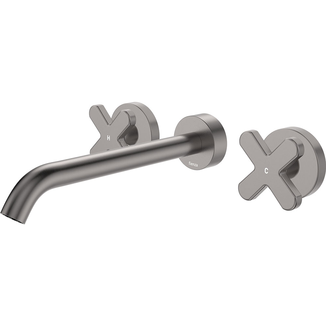 Fienza Kaya Gun Metal Cross Taps Wall Basin /Bath 220Mm Outlet Set Lf