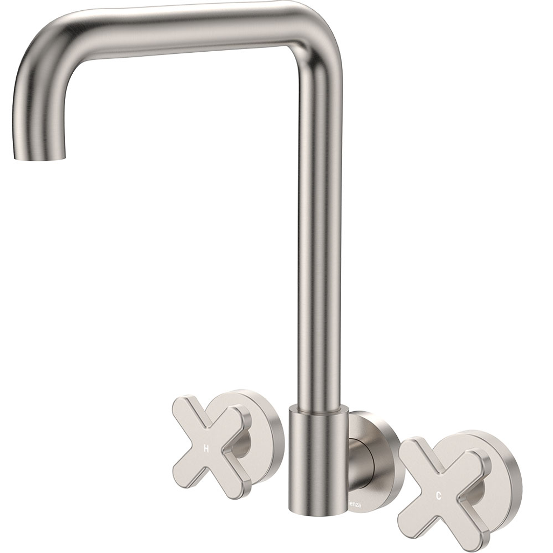 Fienza Kaya Brushed Nickel Cross Taps Squareline Wall Set Lf Sus304 & Lf Brass