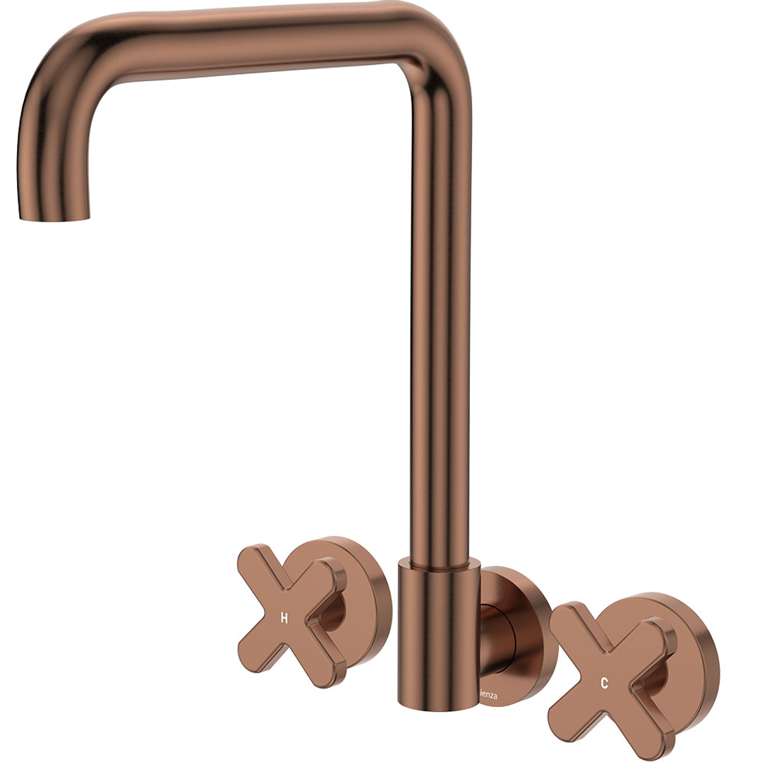 Fienza Kaya Brushed Copper Cross Taps Squareline Wall Set Lf Sus304 & Lf Brass