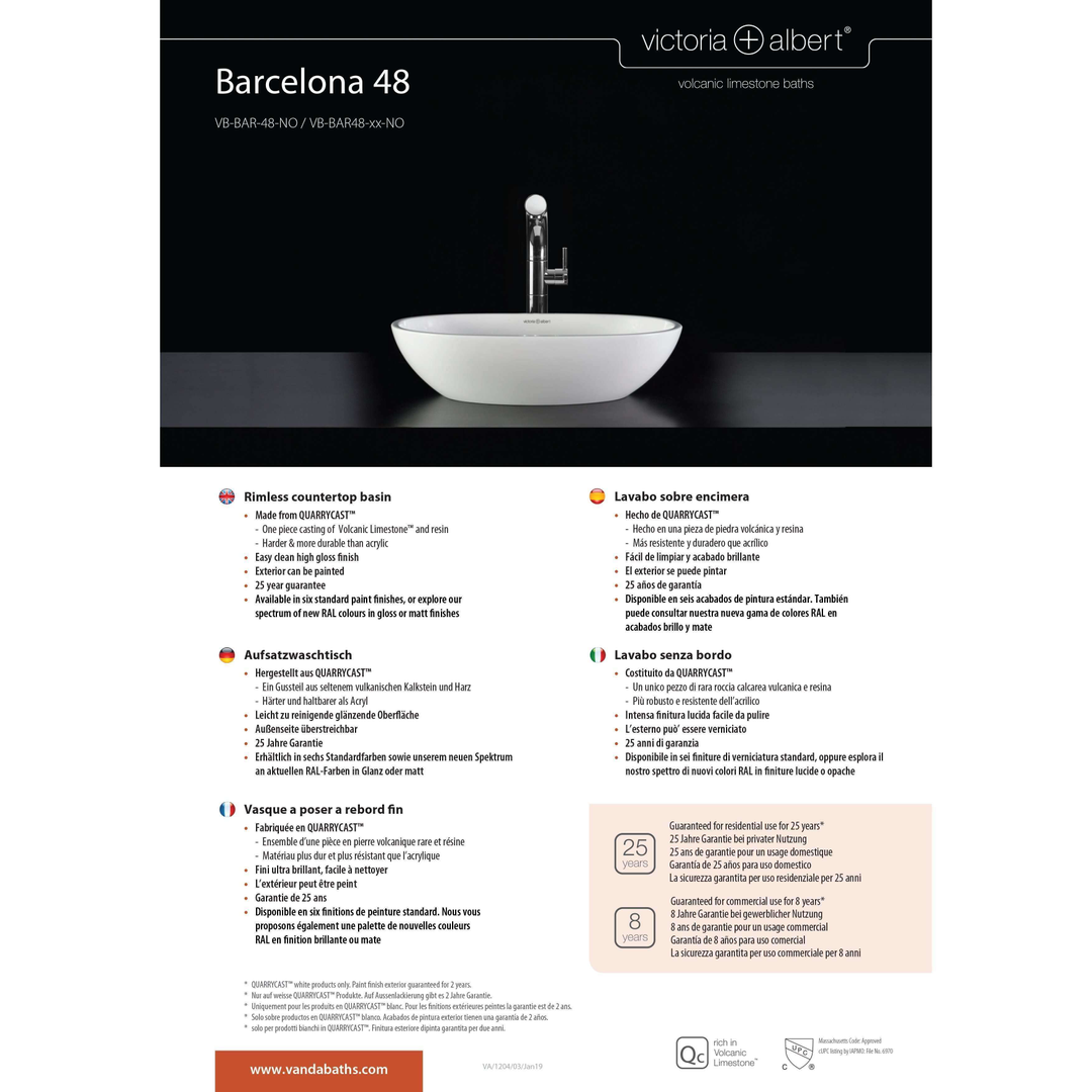 V+A Barcelona Freestanding Bath No Overflow Quarrycast White 1785mm