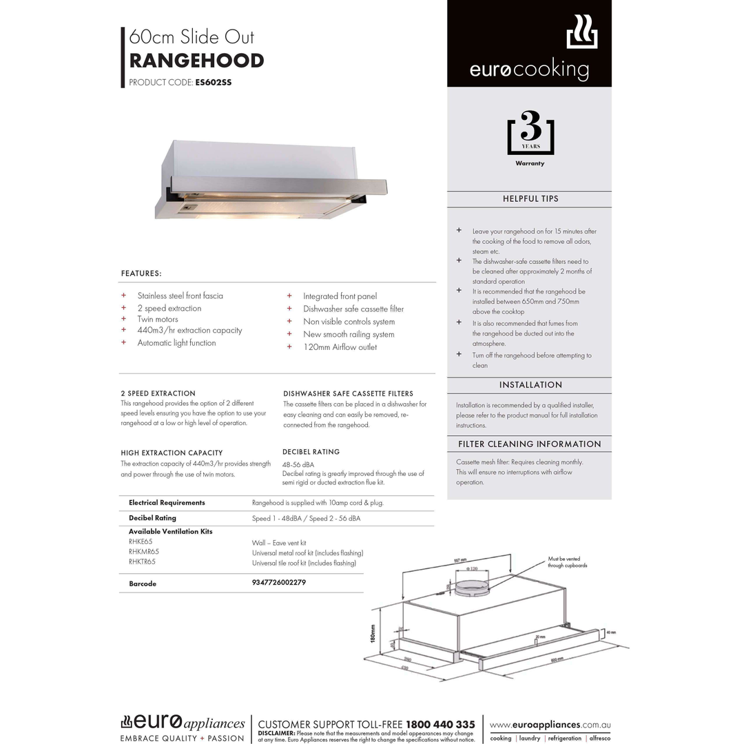 Euro 60Cm Slide Out Hood Rangehood S/Steel Esl6002S /Es602Ss