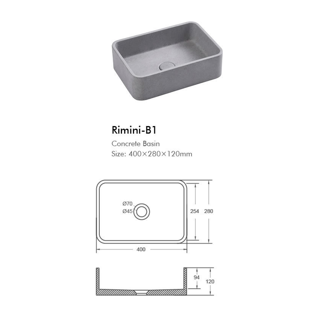 BNK Rimini Concrete Basin 400 X 280 X 120mm - Grey Mist