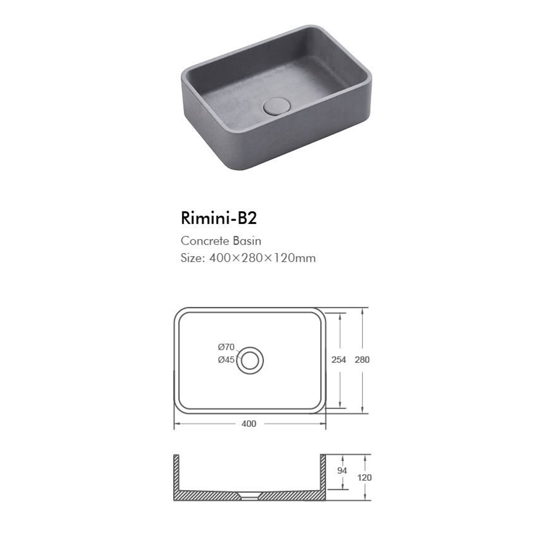 BNK Rimini Concrete Basin 506 X 326 X 100mm - French Grey