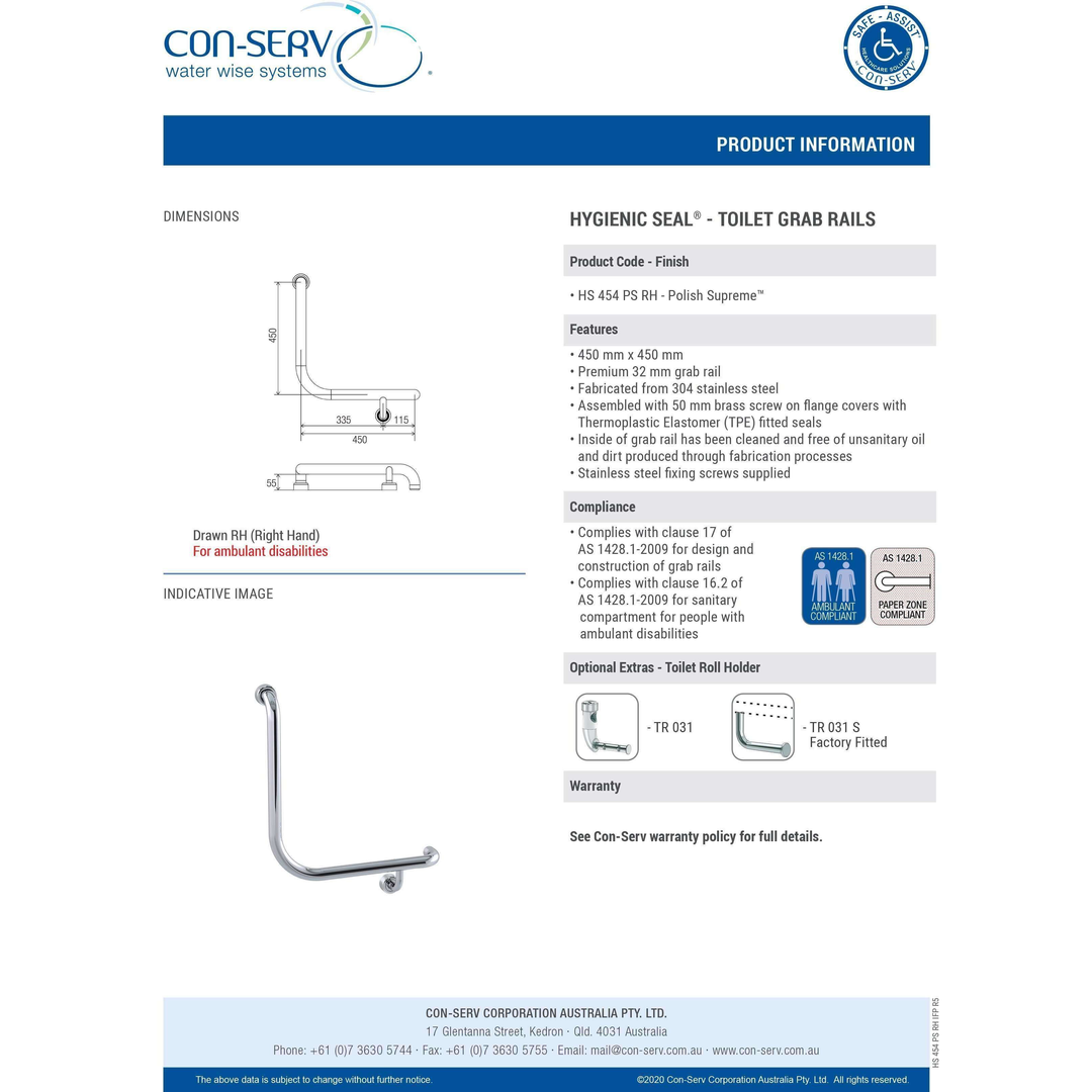 Con-Serv Hygenic Seal R/Angled Grab Rail 450mm Polish S/S