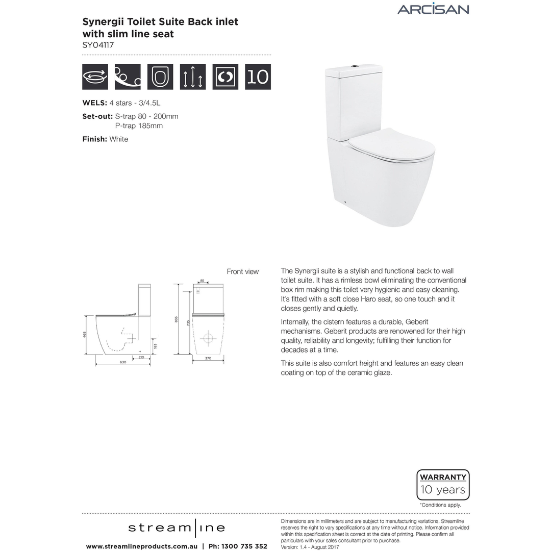 Streamline Arcisan Synergii Back-to-Wall Toilet Suite Back Inlet Slim Seat