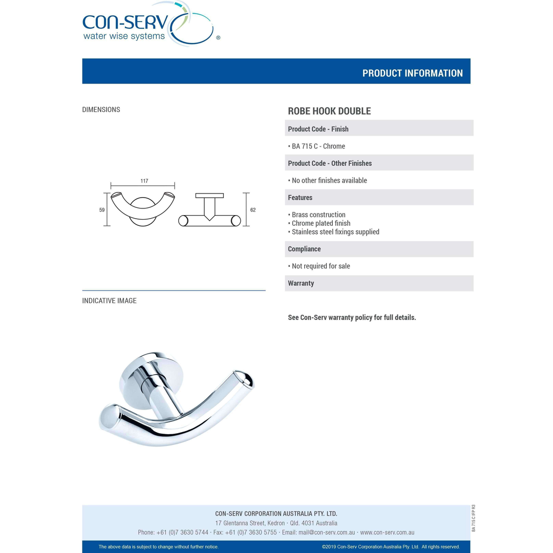 Con-Serv 700 Series Double Robe Hook Chrome Ba715C