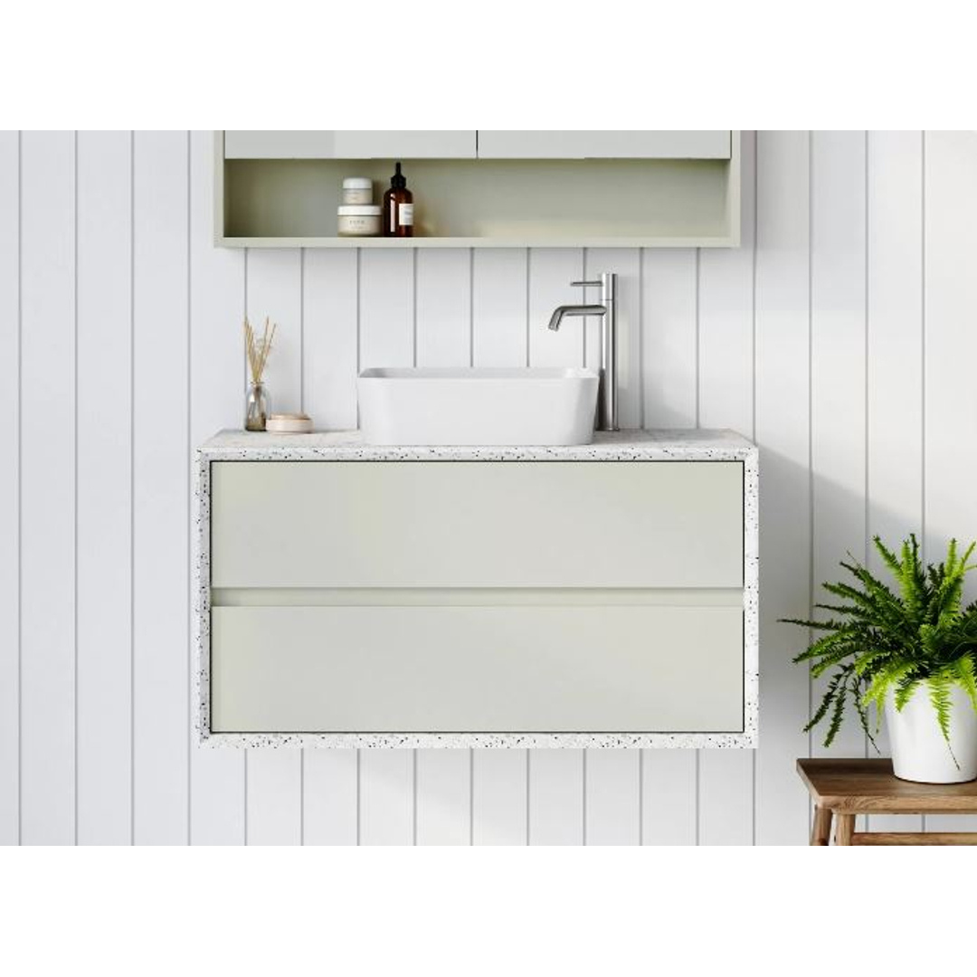 TIMBERLINE EMBRACE VANITY 900MM CENTRE BOWL SILKSURFACE SURROUND WG AC TOP WALL HUNG