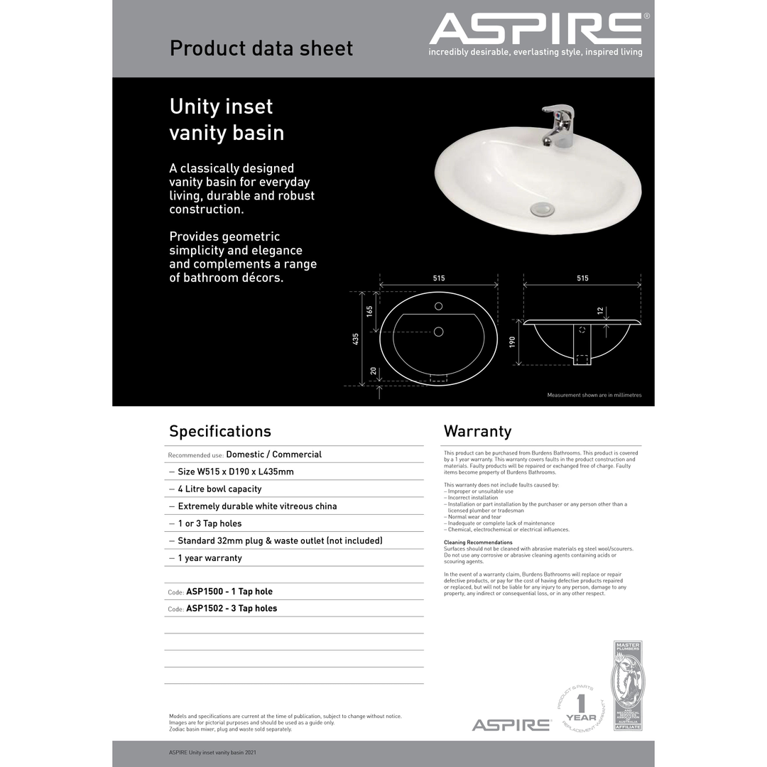 Aspire Unity Vanity Basin Inset 515 X 435 3 Tap Hole White Sbc201