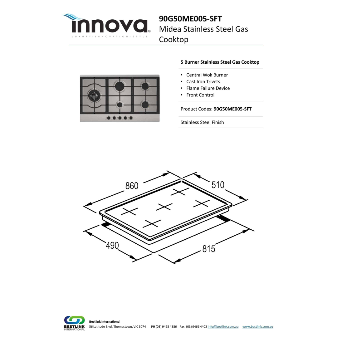 Bestlink Midea 90Cm Gas Cooktop Stainless Steel 5 Burner 90G50Me0