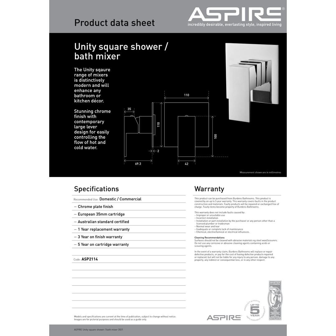 Aspire Unity **Square** Shower/Bath Mixer Chrome