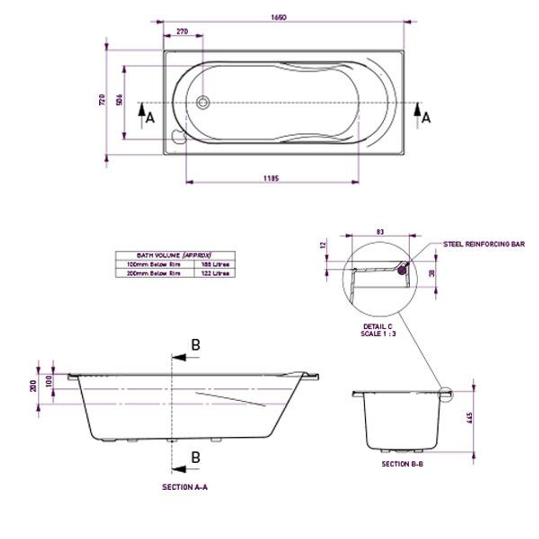 Adatto Bath White 1650mm