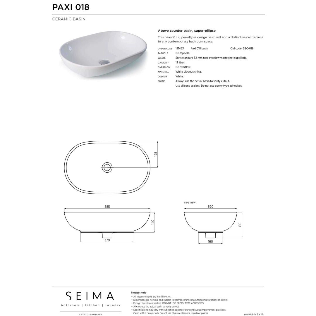 Seima Paxi Above Counter Basin 585 X 390 X 140 White Sbc-018