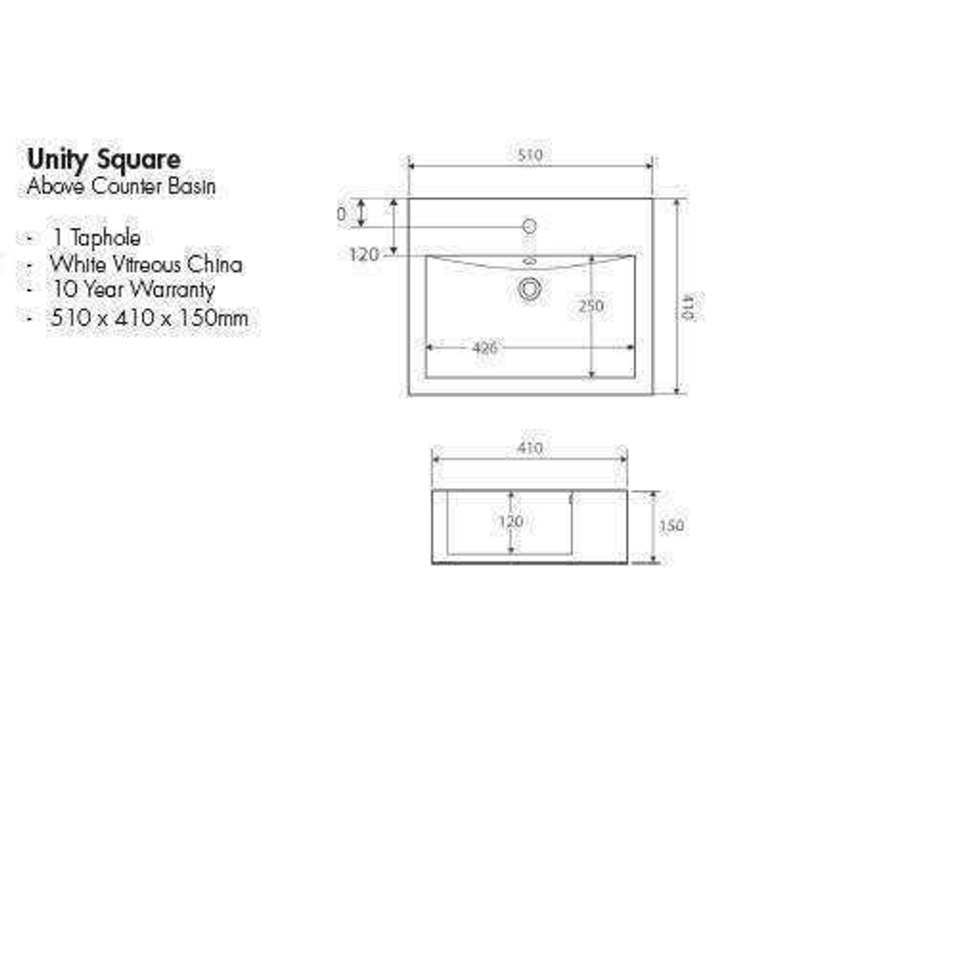 Aspire Unity Square Above Counter Basin White 1 Tap Hole 510X410