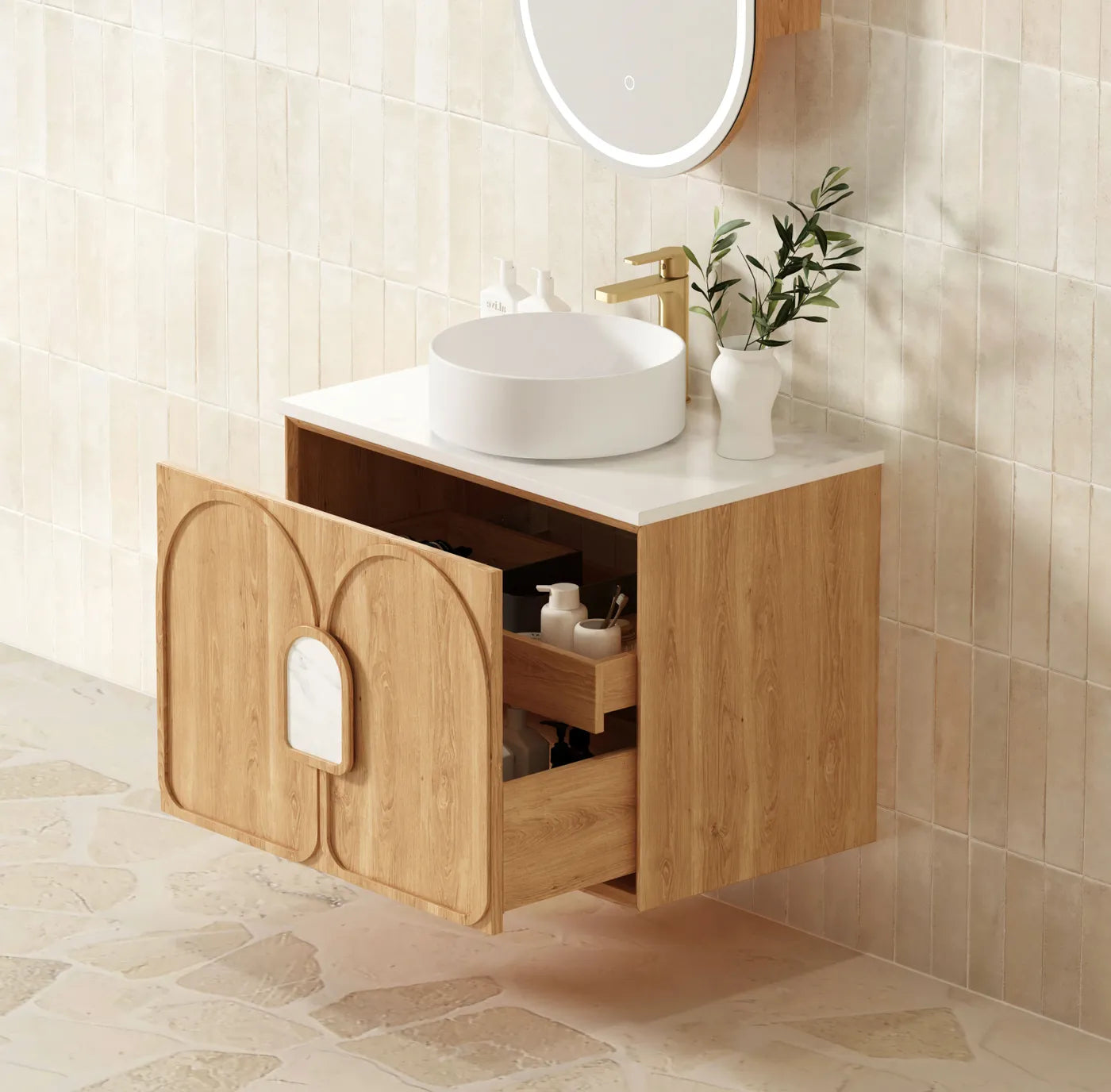Otti Laguna Natural American Oak 750X460 Plywood Vanity Natural Carrara Marble Top