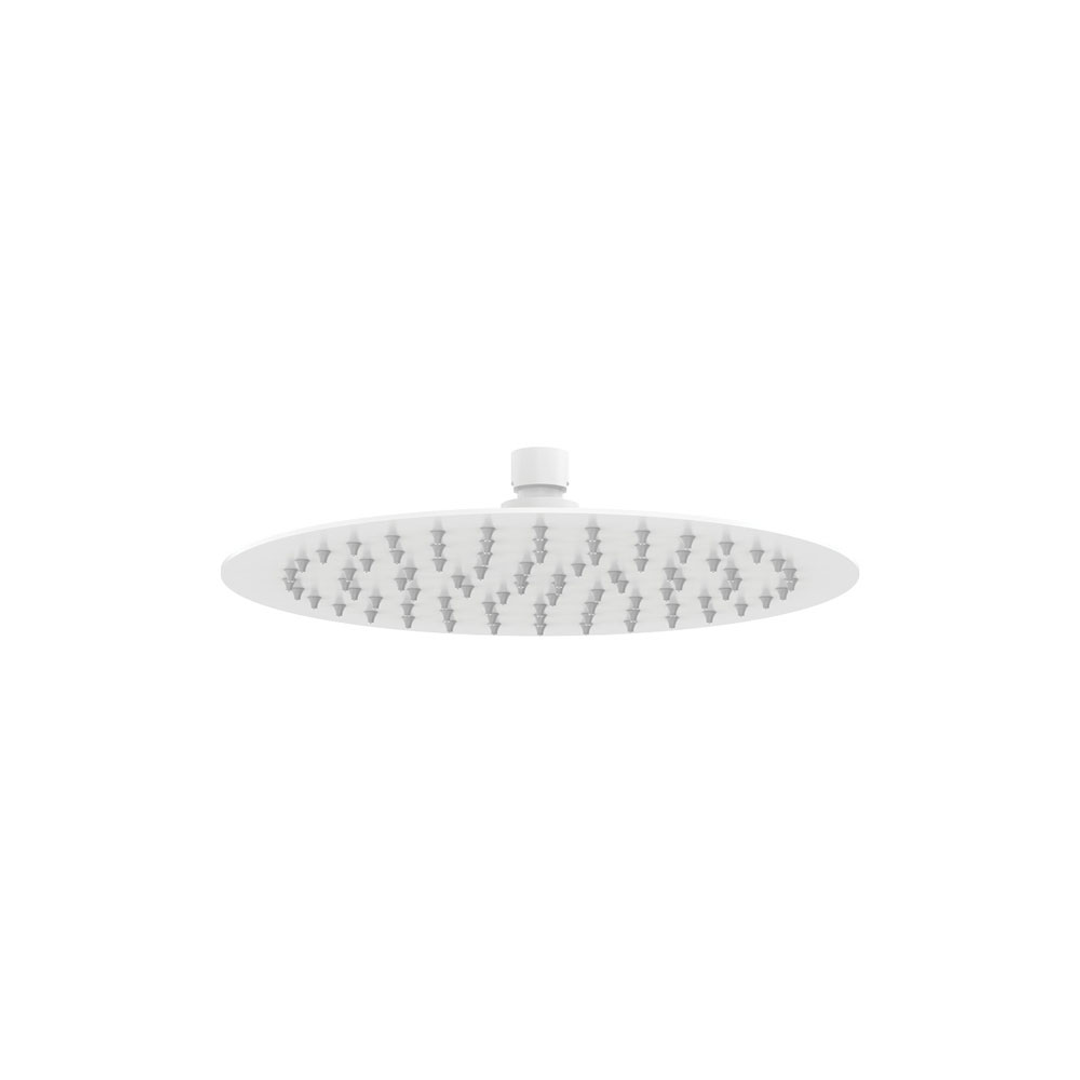 A round white rain shower head with multiple spray nozzles, shown against a solid white background.