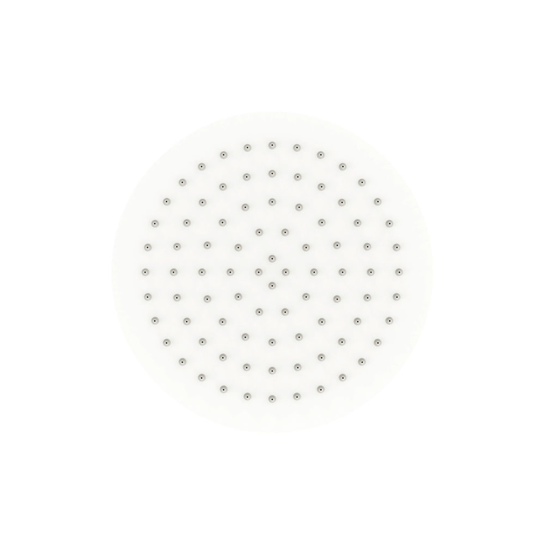 A circular white shower head filter plate with a radial pattern of small metallic silver holes, shown against a solid white background.