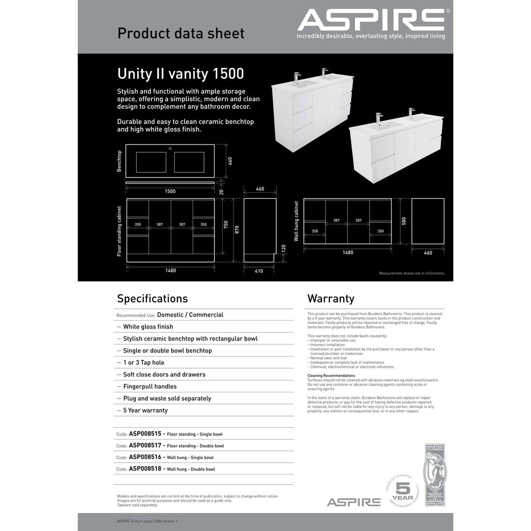 Aspire Unity II 1500 S/Bowl Vanity W/Hung China Top White 1 Tap Hole