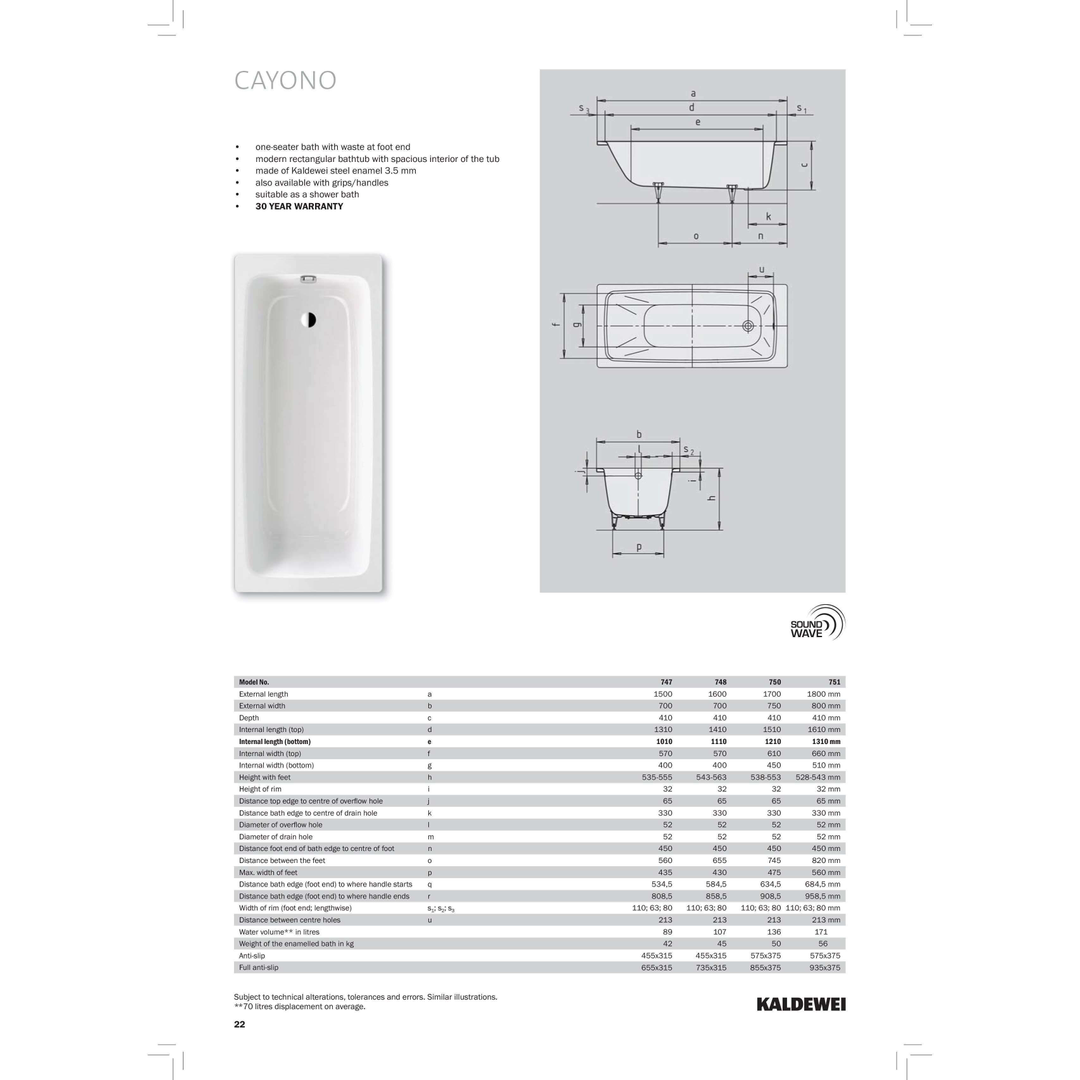 Bathe Kaldewei Cayono Pressed Steel Bath With O/F 1700mm