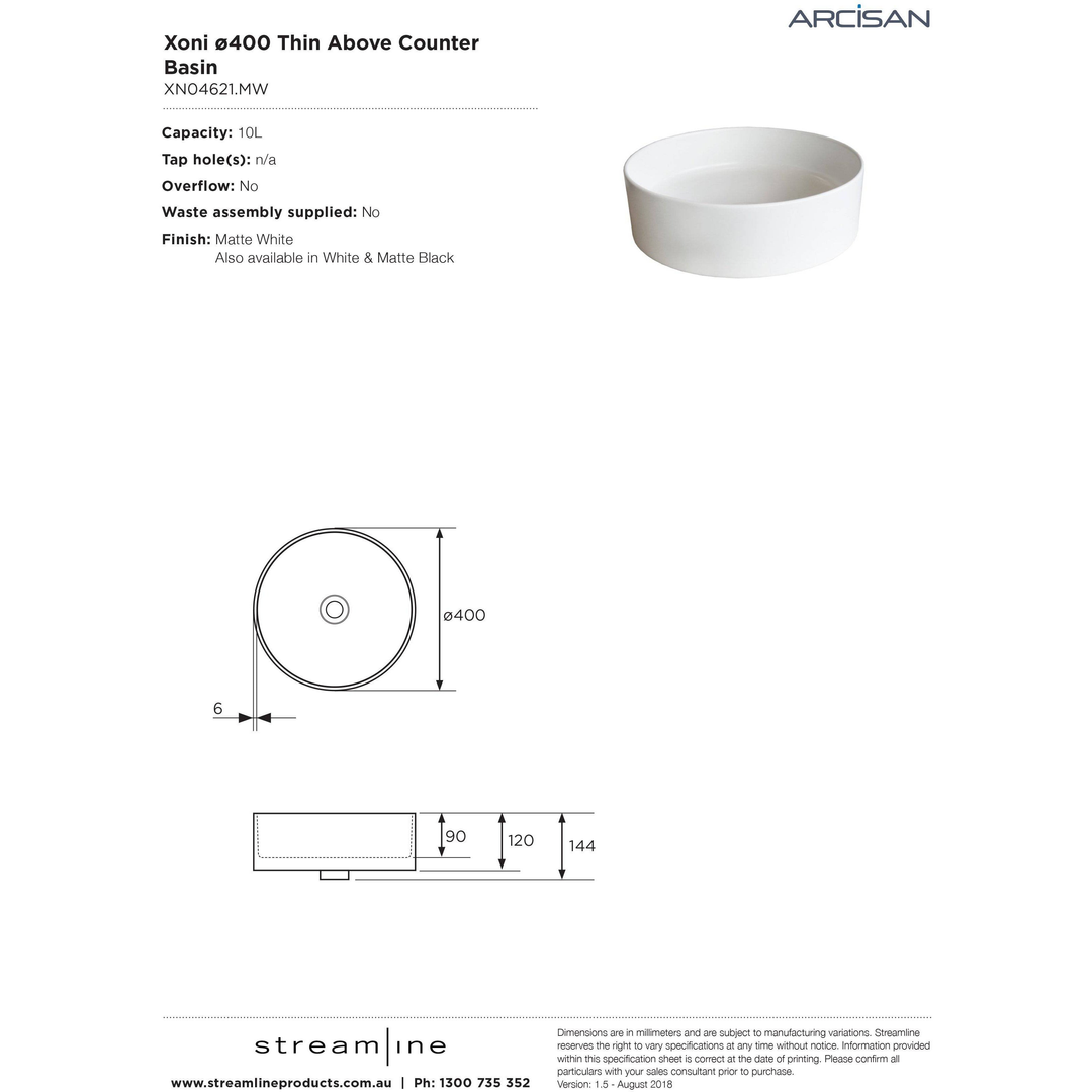 Streamline Arcisan Xoni 40 Dia Thin Round Above Counter Basin - Matt White