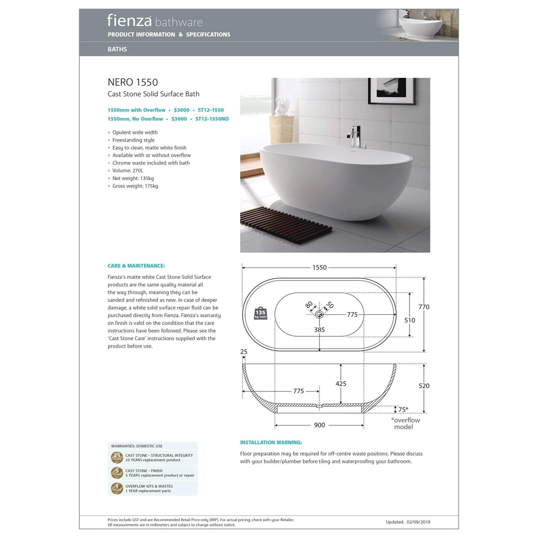 Fienza Nero Solid Surface Bath 1500mm
