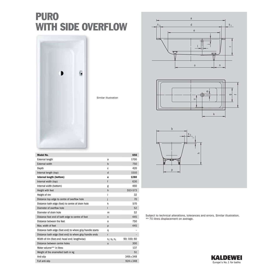 Bathe Kaldewei Puro Bath W/Overflow 1700mm