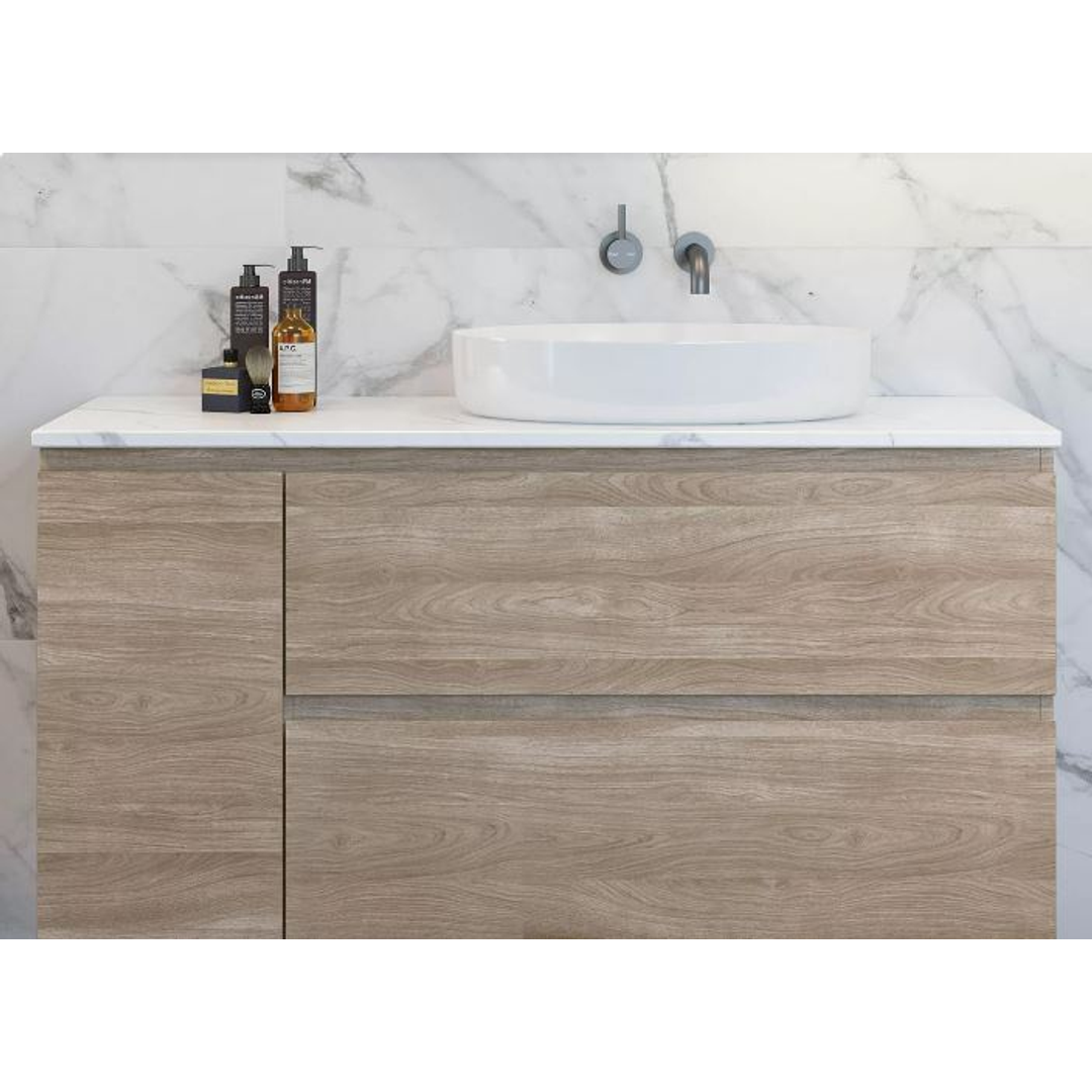 Timberline Marshall Vanity 1200mm Left Woodgrain Basin Silksurface Above Counter Top Wall Hung