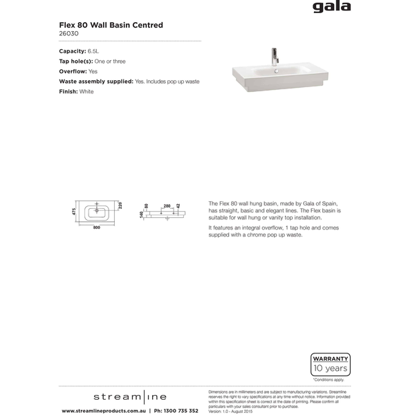 Gala Flex Centred Wash Basin 1 Tap Hole White 26030