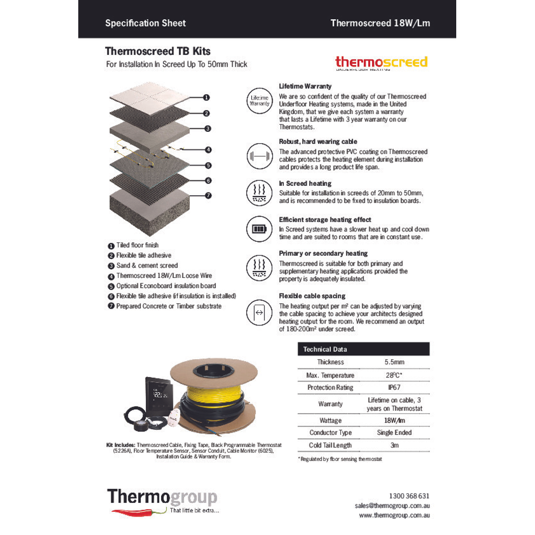 Thermoscreed In Screed 18W/Lm Heating Cable Kit & Black 5226A Thermostat