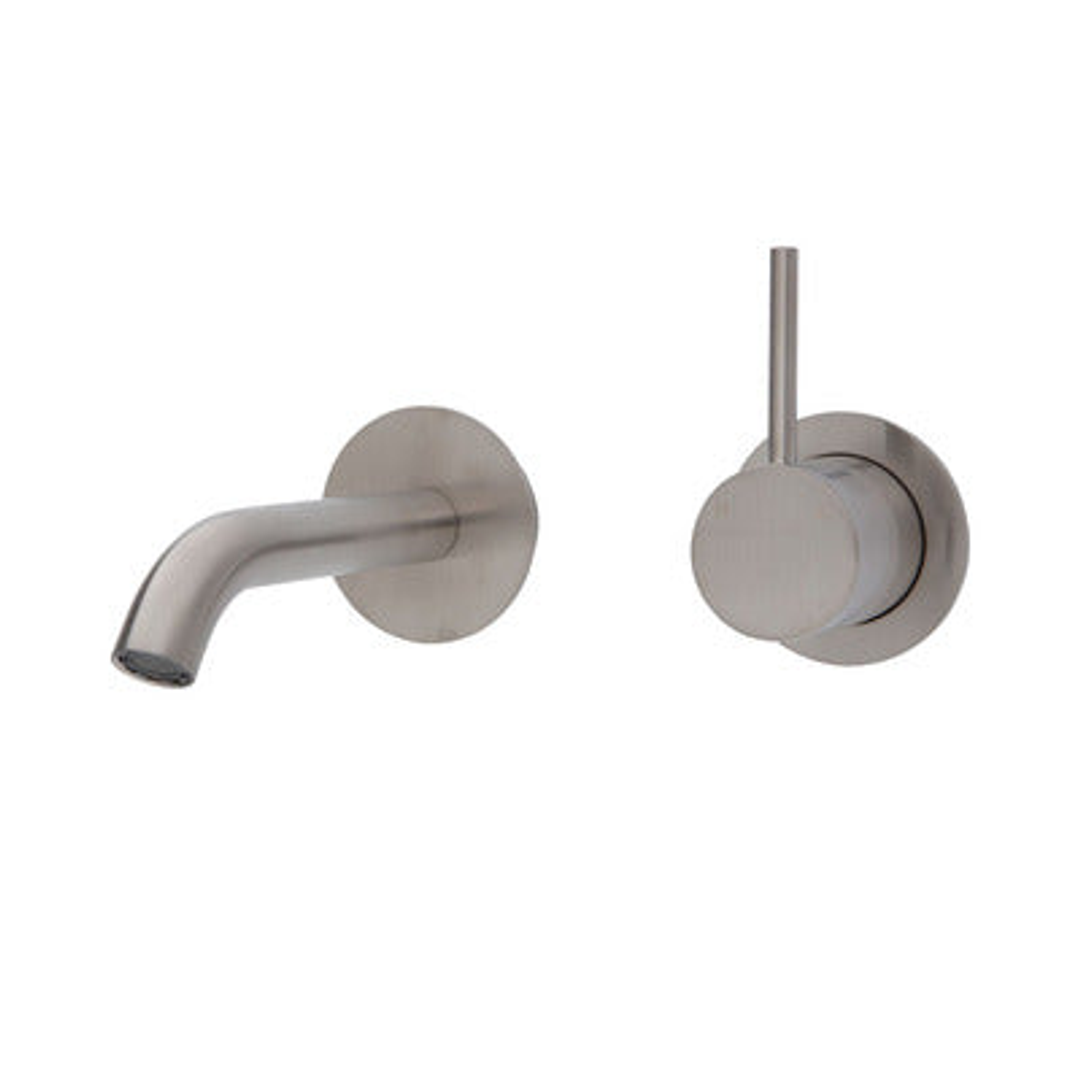 Fienza Kaya Up Basin/Bath Wall Mixer 160mm Outlet Set Round Plates - Brushed Nickel/Brushed Nickel
