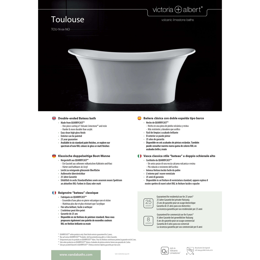 V+A Toulouse Freestanding Bateau Bath No Overflow Quarrycast White 1800mm