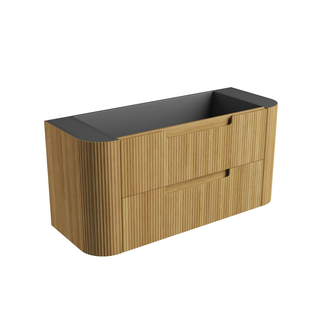 Aulic Varcelli Tier Wall Hung 1200mm Harvest Oak Fluted Curved Cabinet 1180X450X400mm