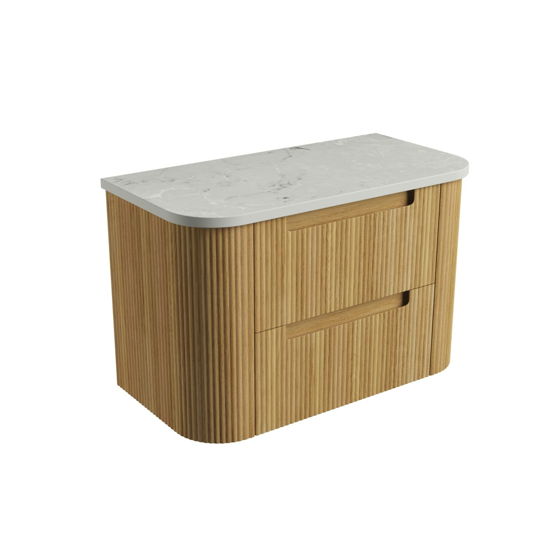 Aulic Varcelli Tier Wall Hung Harvest Oak Fluted Curved Cabinet 900X460X425mm & Alpine Flat Stone Top