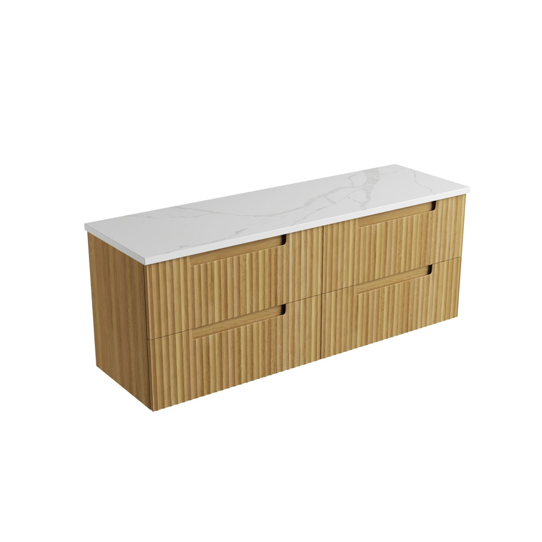 Aulic Lovina Tier Wall Hung Sgl H/Oak Fluted Cabinet 1500X460X425mm & Palis White Flat Stone Top