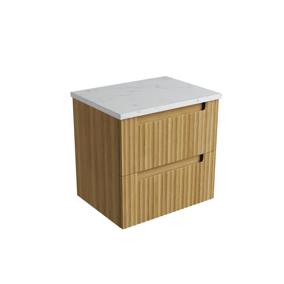 Aulic Lovina Tier Wall Hung Harvest Oak Fluted Cabinet 600X460X425mm With Cato Flat Stone Top