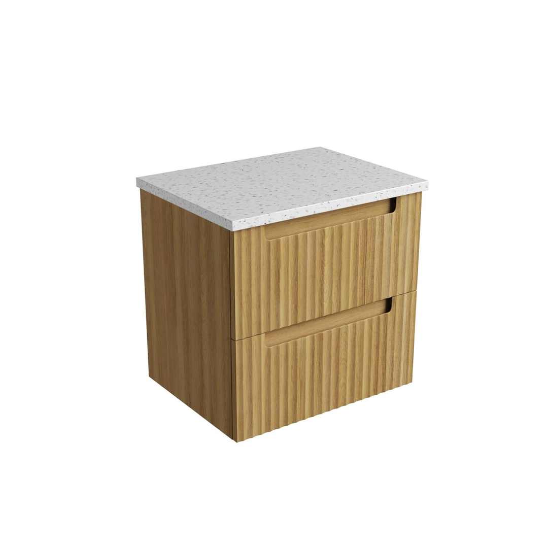 Aulic Lovina Tier Wall Hung Harvest Oak Fluted Cabinet 600X460X425mm With Snow Flat Stone Top