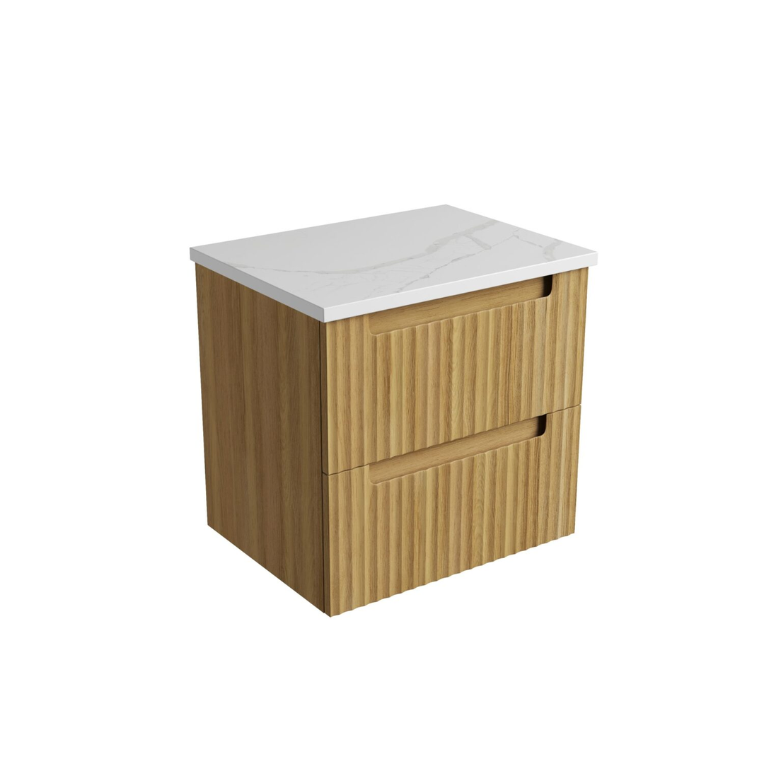 Aulic Lovina Tier Wall Hung Harvest Oak Fluted Cabinet 600X460X425mm With Palis White Flat Stone Top