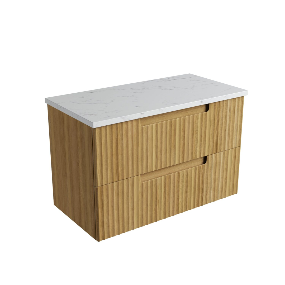 Aulic Lovina Tier Wall Hung Harvest Oak Fluted Cabinet 900X460X425mm With Cato Flat Stone Top